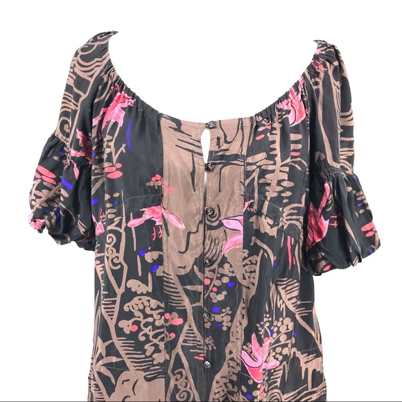 Harkham Brown & Pink 100% Silk Flutter Bell Sleeve Button Down Dress - Picture 2 of 7